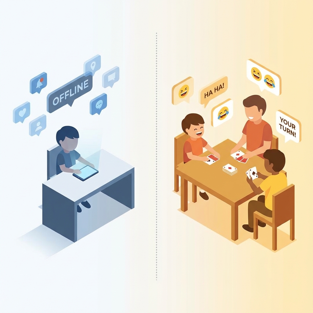 Kind am Tablet vs. Familie beim Kartenspielen