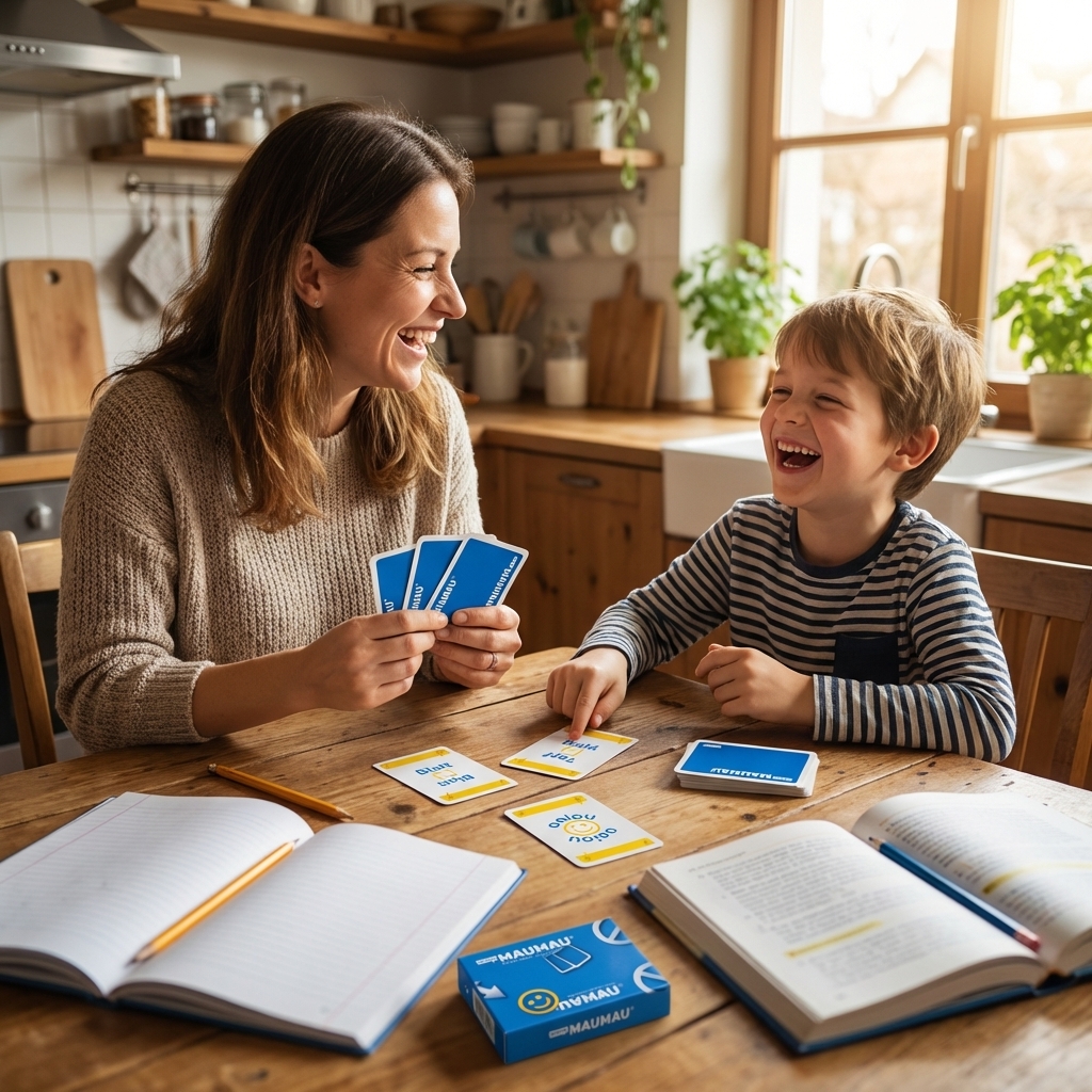 Mutter und Sohn lachen entspannt beim Wortmaumau-Spielen, Schulhefte liegen beiseite
