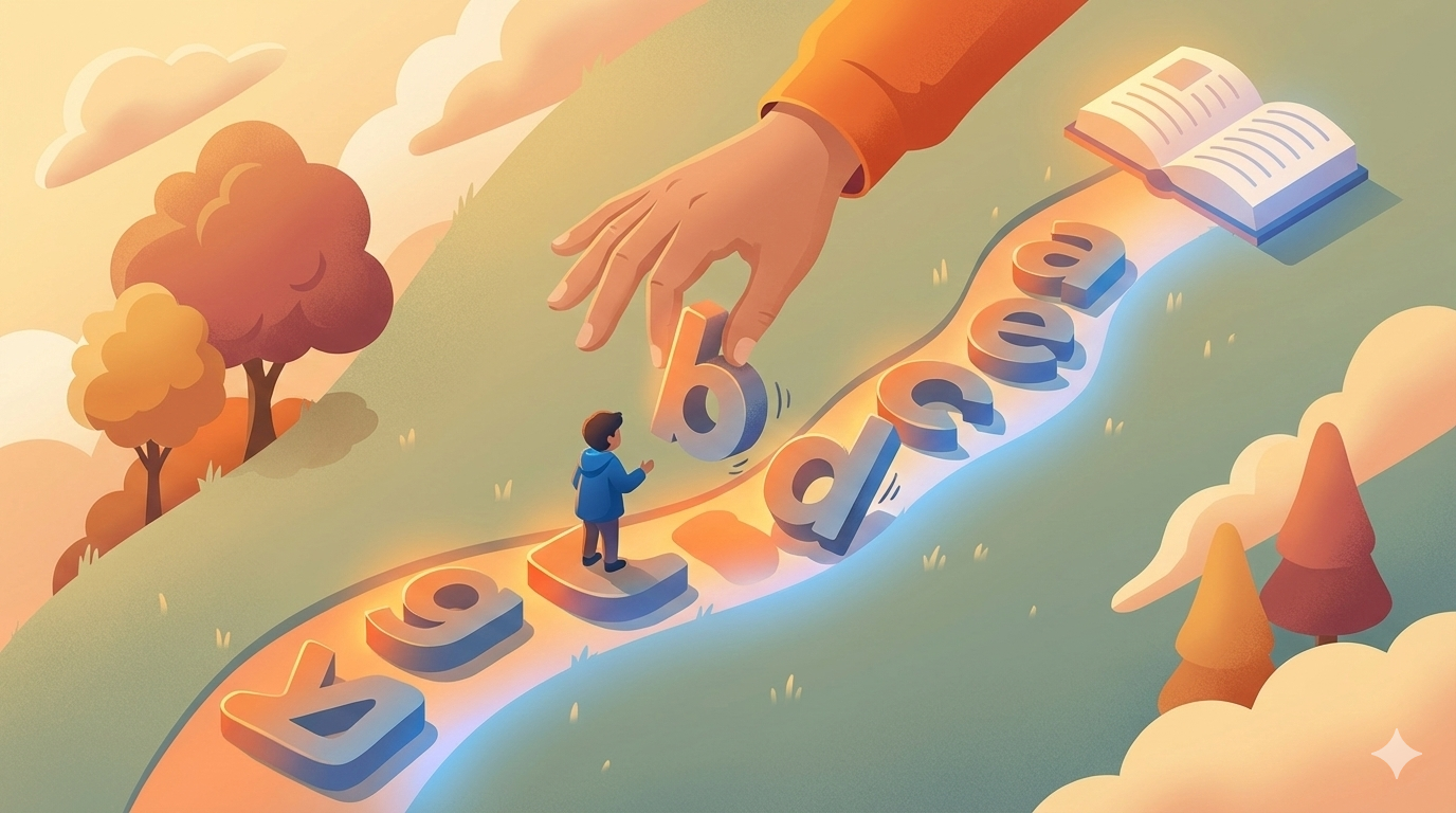 Kind auf einem Pfad aus Buchstaben