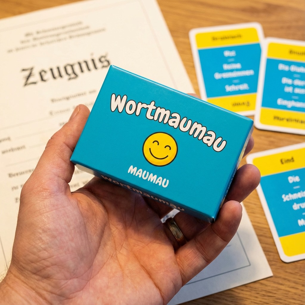 Hochwertige Wortmaumau-Spielschachtel wird von Mutterhand gehalten, im Hintergrund ein Zeugnis