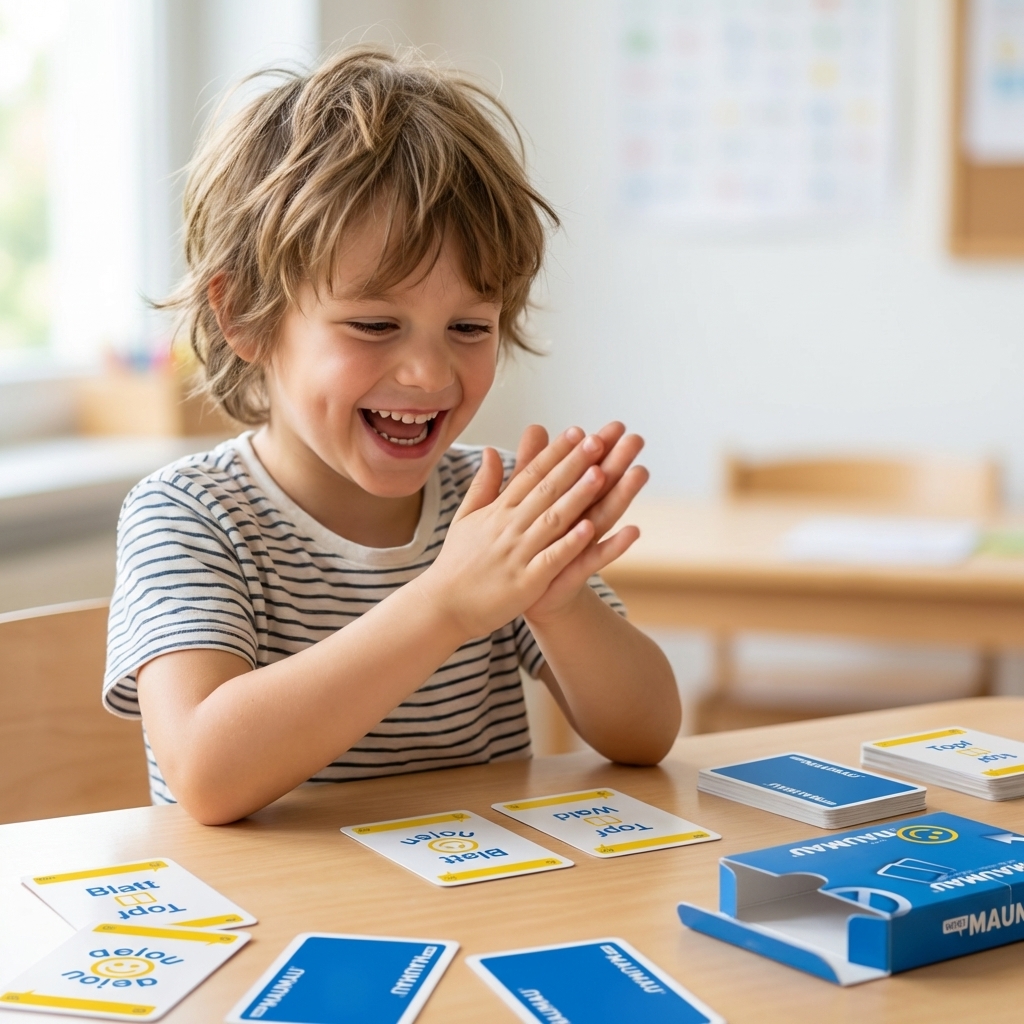 Lächelndes Kind klatscht Silben am Tisch, Wortmaumau-Silbenkarten liegen bereit