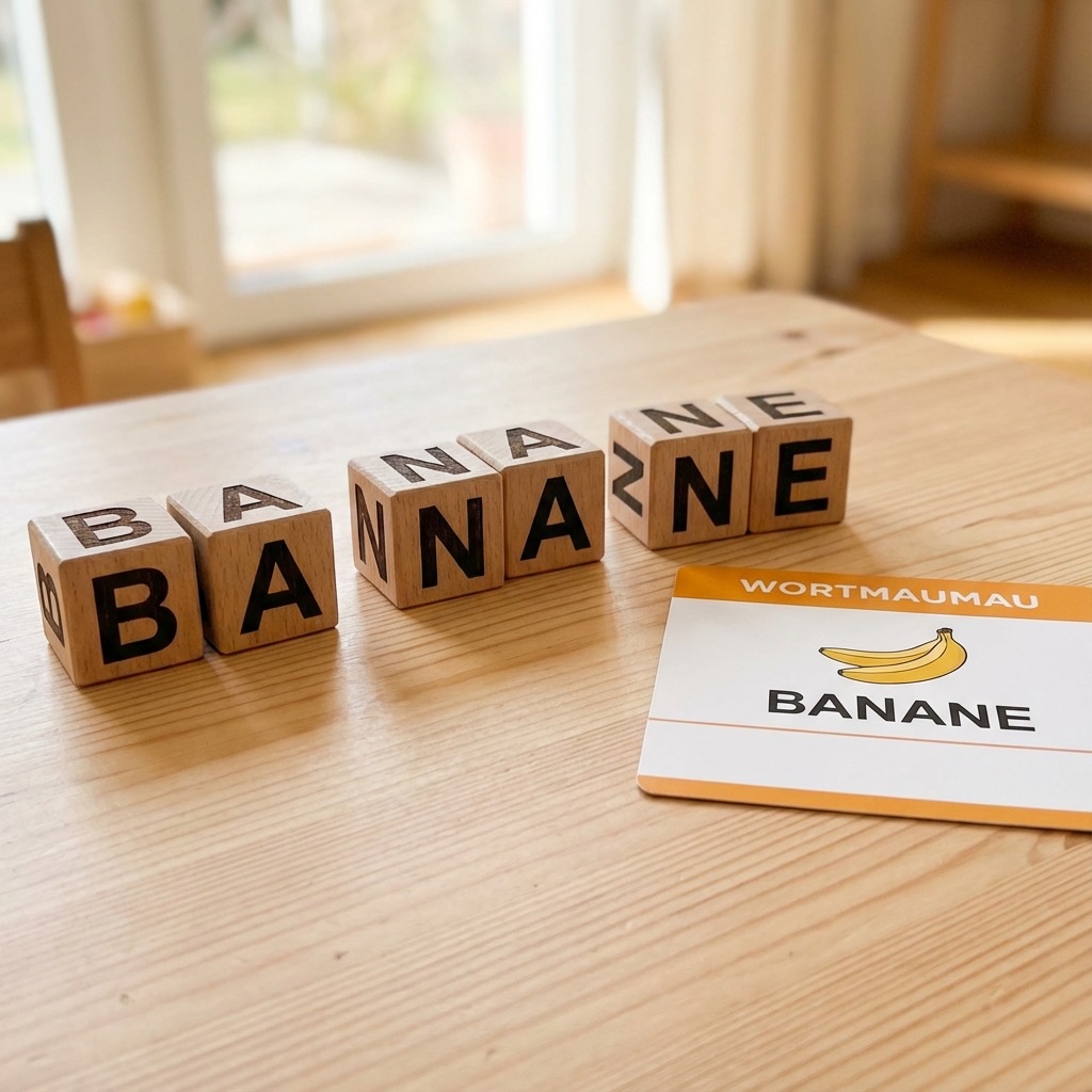 Kind spielt mit Silben-Klötzen