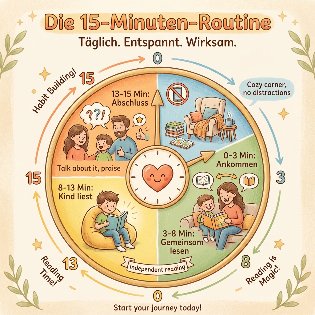 Infografik: Die 15-Minuten Leseroutine - Ankommen, Gemeinsam lesen, Kind liest, Abschluss