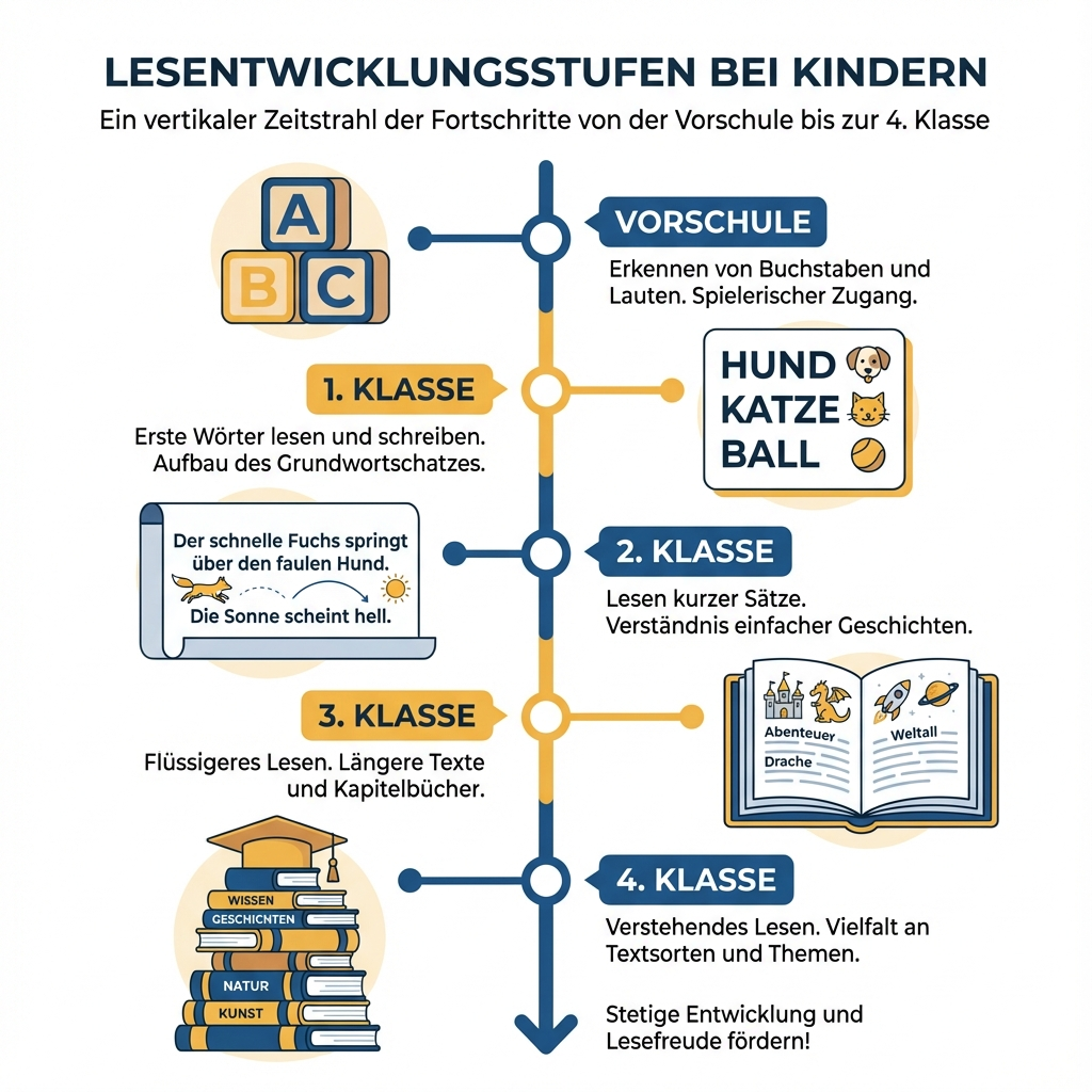 Infografik zur Leseentwicklung von Vorschule bis 4. Klasse