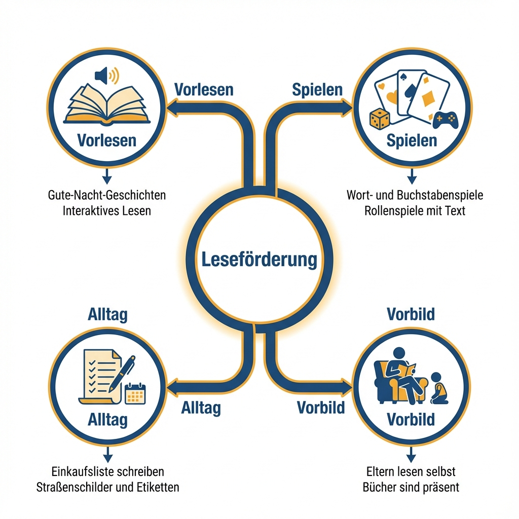 Infografik: Vier Säulen der Leseförderung zu Hause (Vorlesen, Spielen, Alltag, Vorbild)