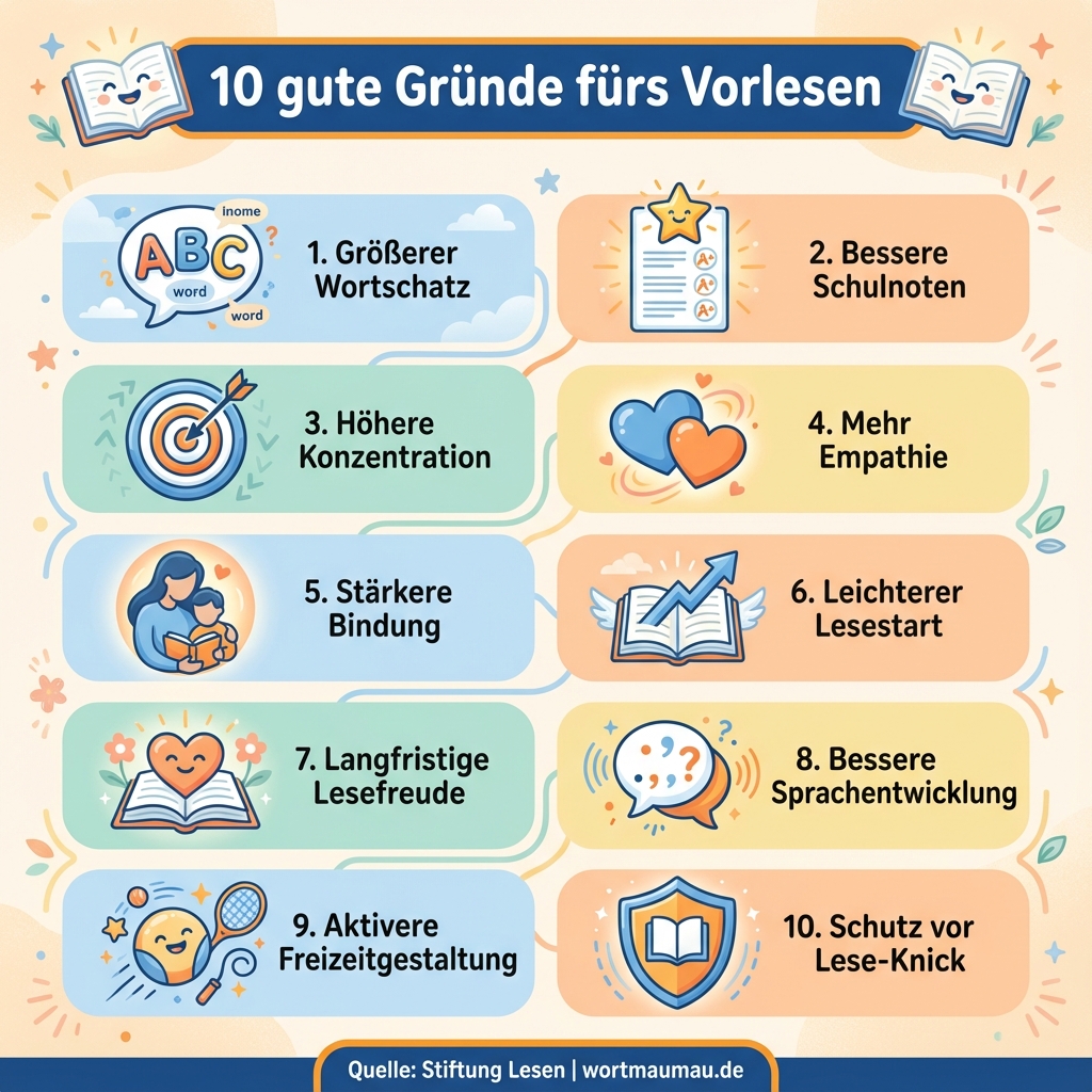 Infografik: 10 Vorteile des Vorlesens - von größerem Wortschatz bis zu besseren Schulnoten