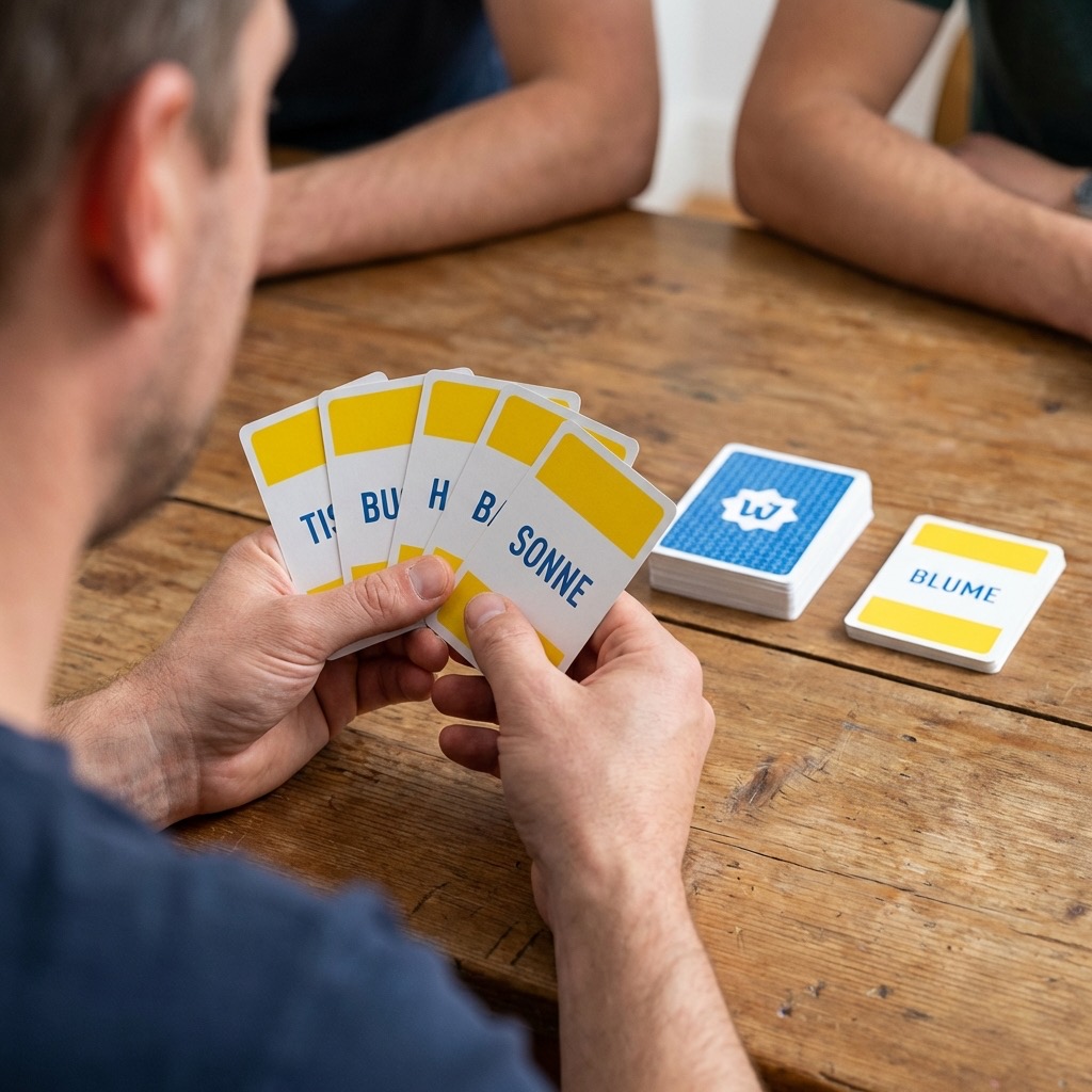 Nahaufnahme: Hände halten Wortmaumau-Karten beim Deutschlernen