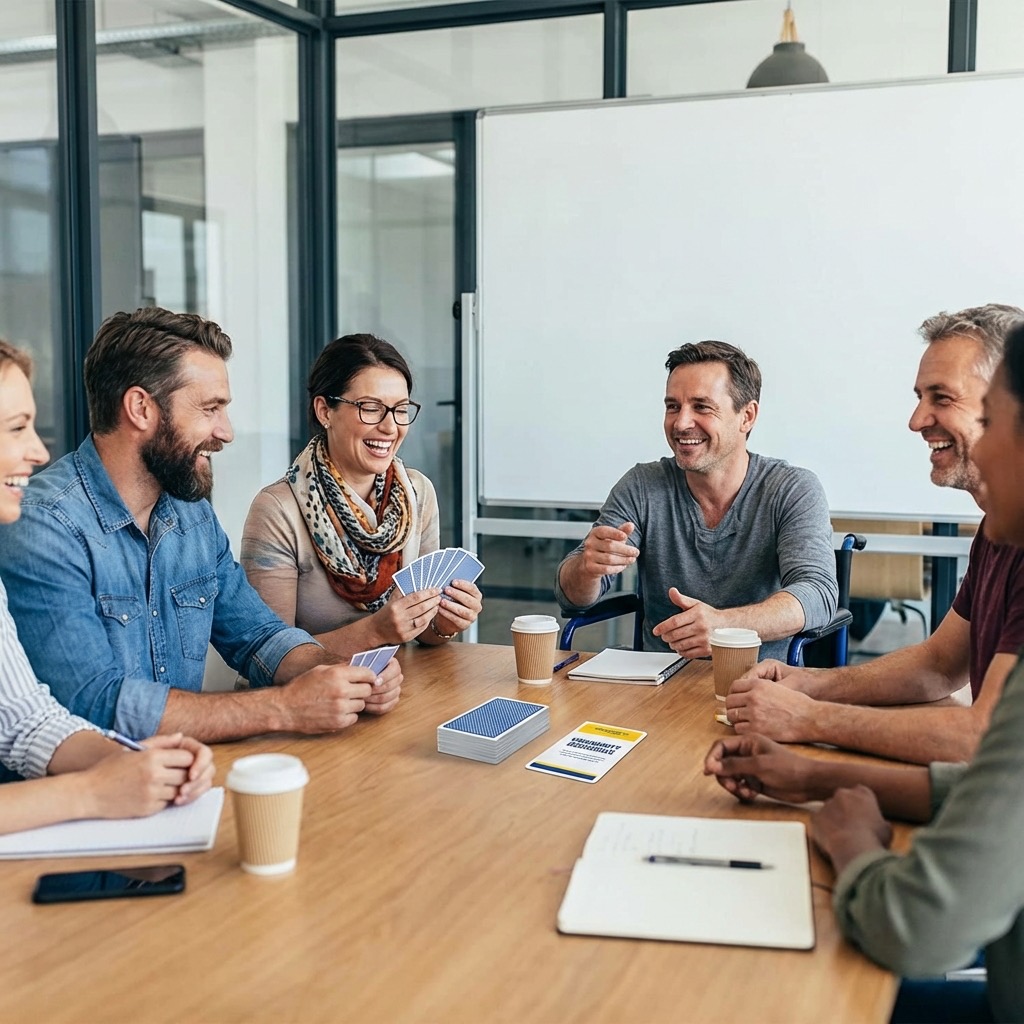 Erwachsenengruppe im Integrationskurs spielt fröhlich Wortmaumau