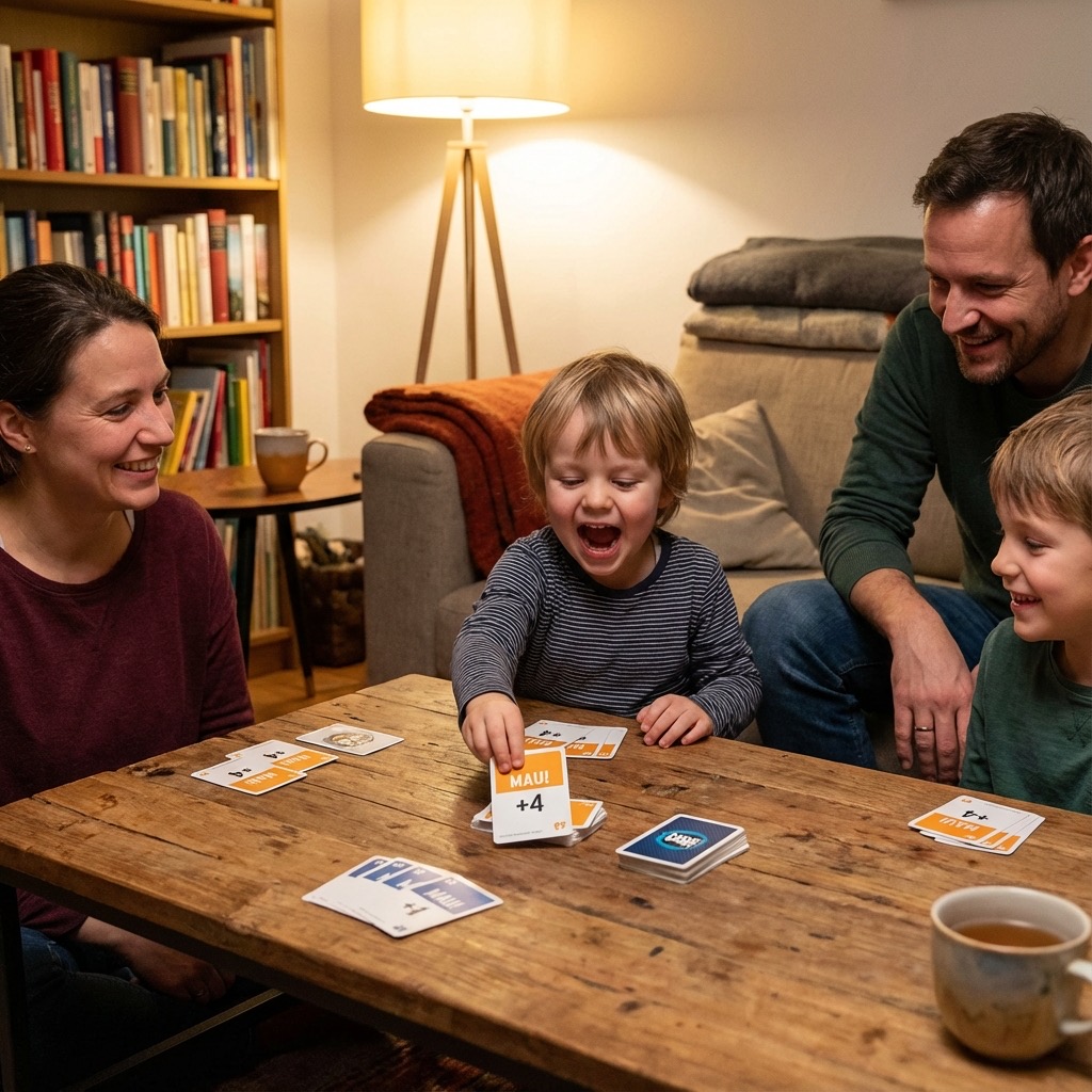 Familie spielt entspannt Wortmaumau im Wohnzimmer am Couchtisch