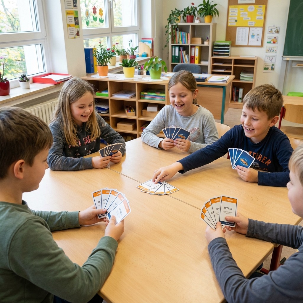 Kinder spielen gemeinsam Wortmaumau am Gruppentisch in der Schule, fröhliche Lernatmosphäre