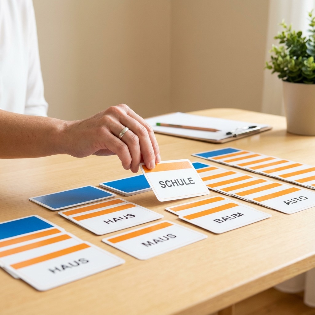 Therapie-Setting: Wortmaumau-Karten auf hellem Holztisch, professionelle Arbeitsatmosphäre